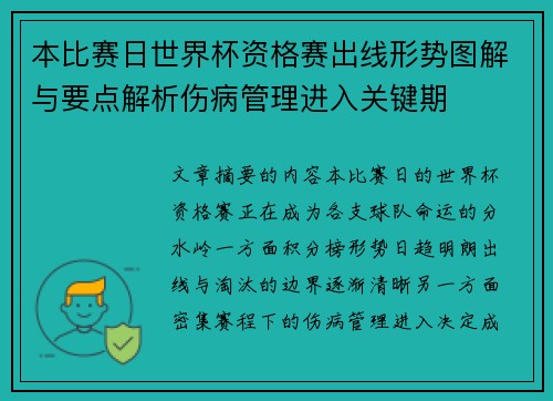 本比赛日世界杯资格赛出线形势图解与要点解析伤病管理进入关键期 本比赛日世界杯资格赛出线形势图解与要点解析伤病管理进入关键期