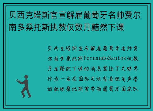 贝西克塔斯官宣解雇葡萄牙名帅费尔南多桑托斯执教仅数月黯然下课